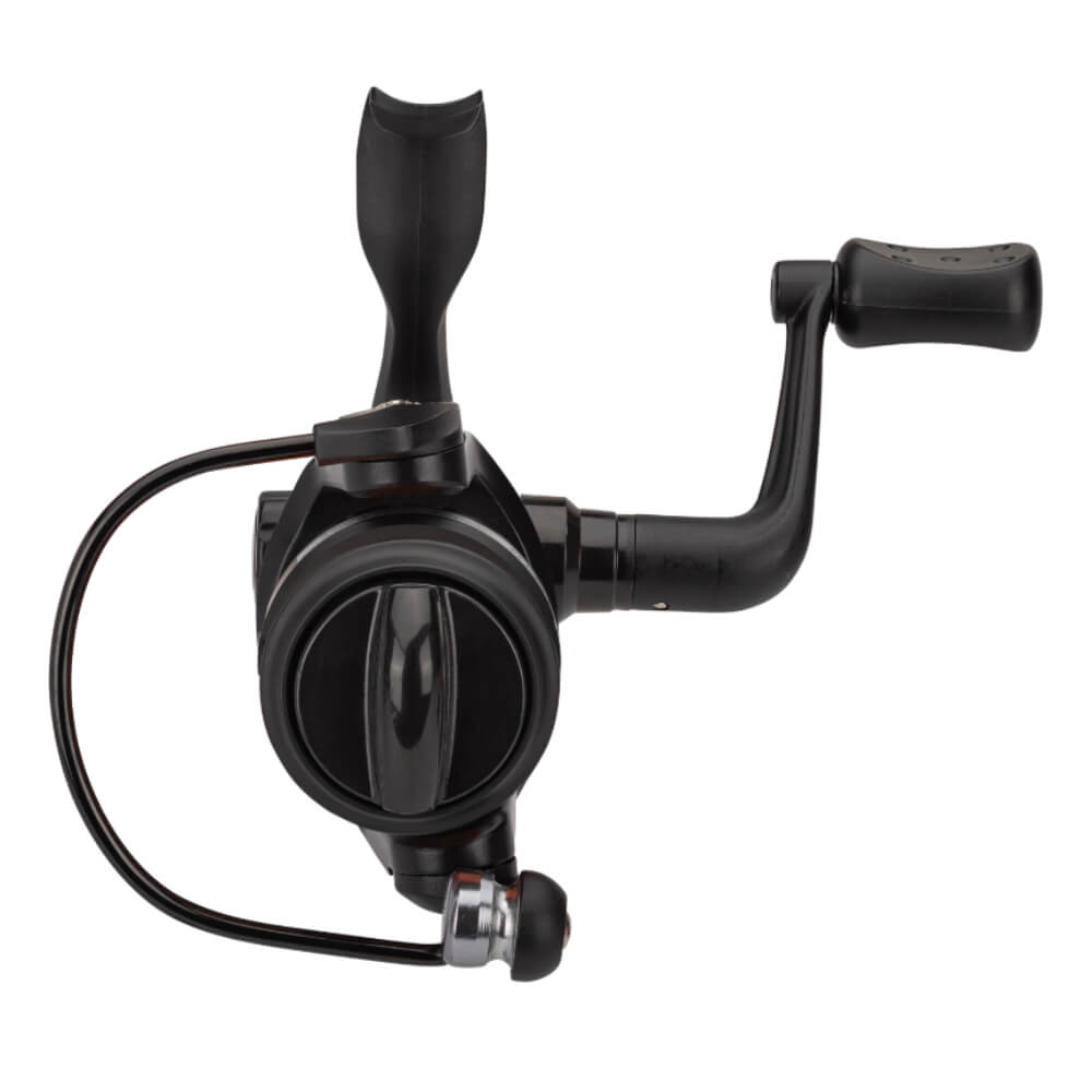 Front view black Microspin spinning fishing reel showing bail and ergonomic handle