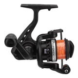 Black spinning reel (handle side) with orange braided line and PROFISHIENCY TM on the spool