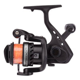 Black spinning reel with orange braided line, side view; spool labeled 'PROFISHIENCY TM'