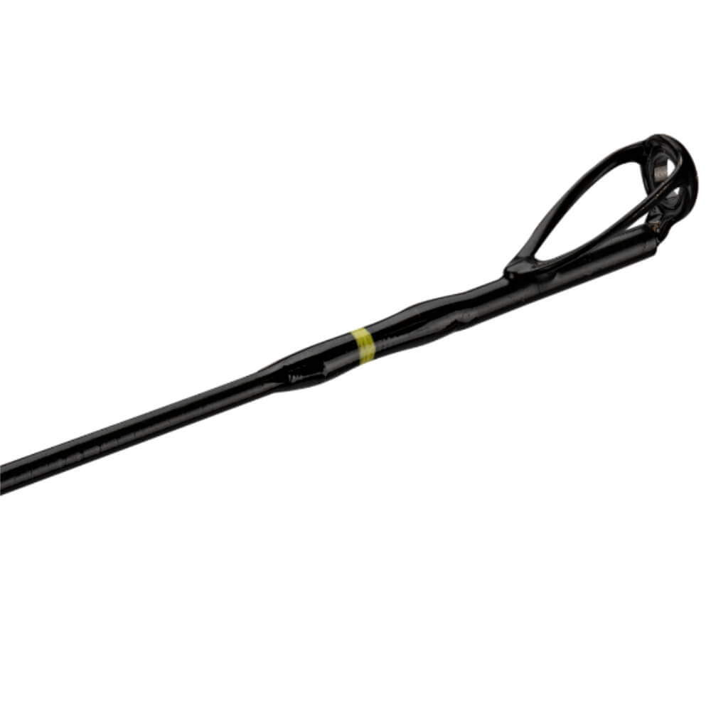 Black fishing-rod tip with single guide ring and yellow accent band