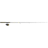 Black and yellow spinning rod and reel, full-length side view with foam grip