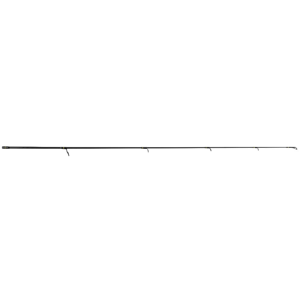 Two-piece black spinning fishing rod with yellow accent guides, full-length blank shown