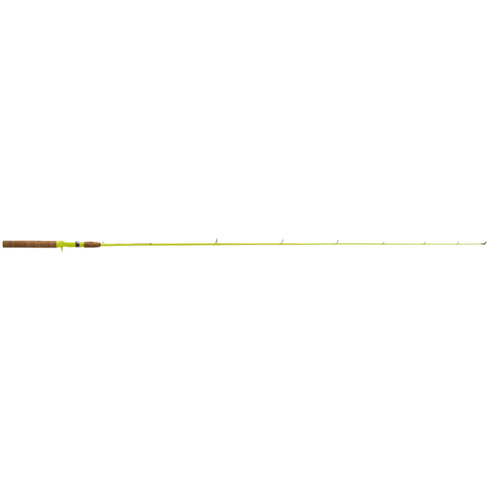 Full-length side view of neon-yellow casting fishing rod with cork handle