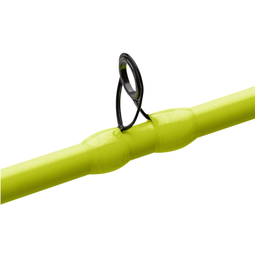 Chartreuse fishing rod blank with black double-foot guide, visible thread wraps and glossy epoxy coating