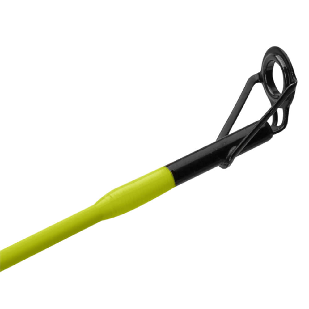 Chartreuse rod tip with black single-foot top guide and ceramic ring