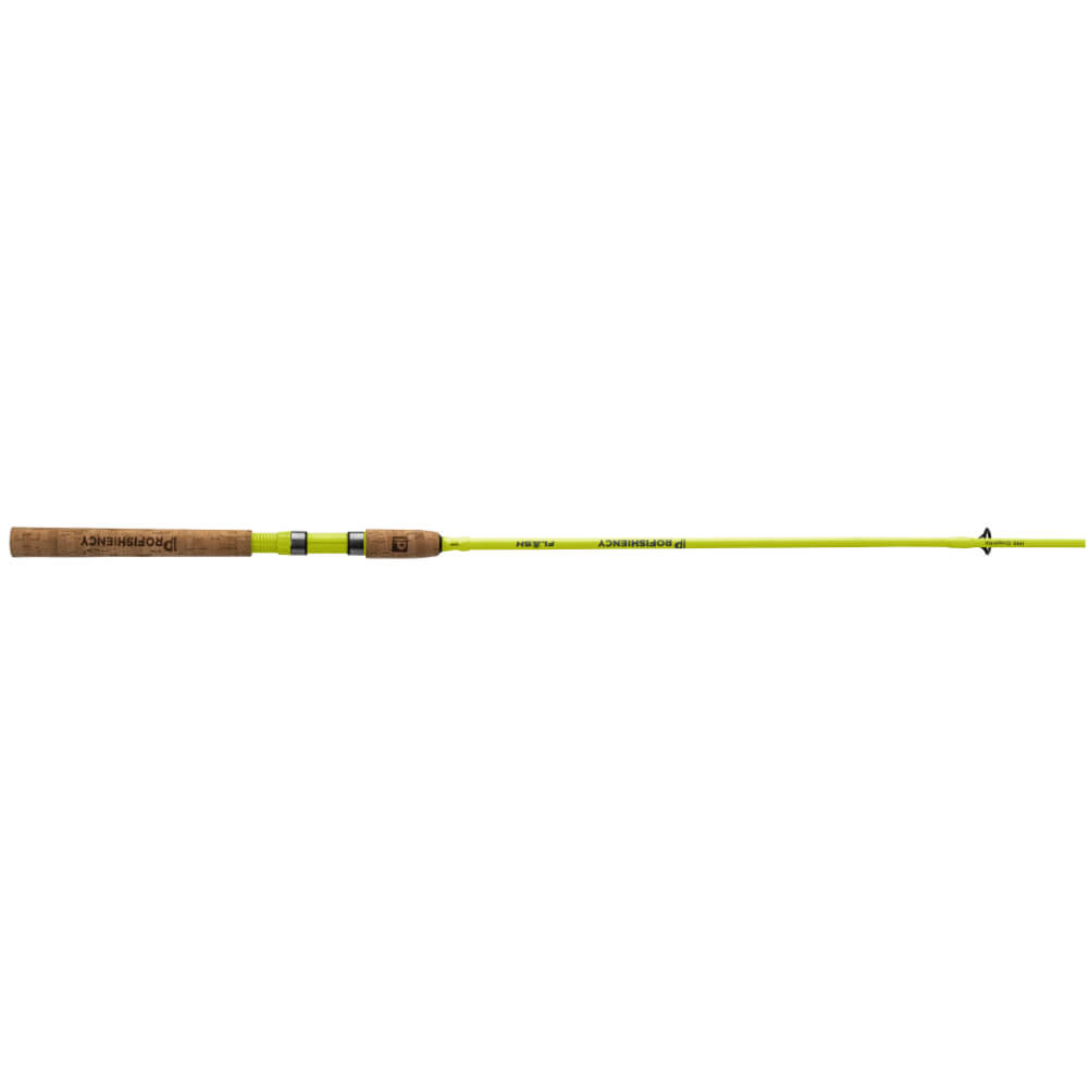 Side view of Profishiency Flash 6'8 spinning rod showcasing neon yellow blank, cork split grips, and stainless guides on white background