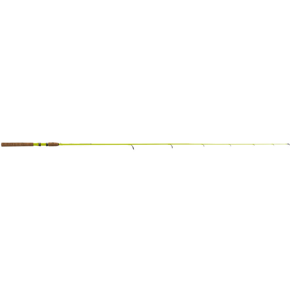 Yellow spinning fishing rod with cork handle, full-length side view