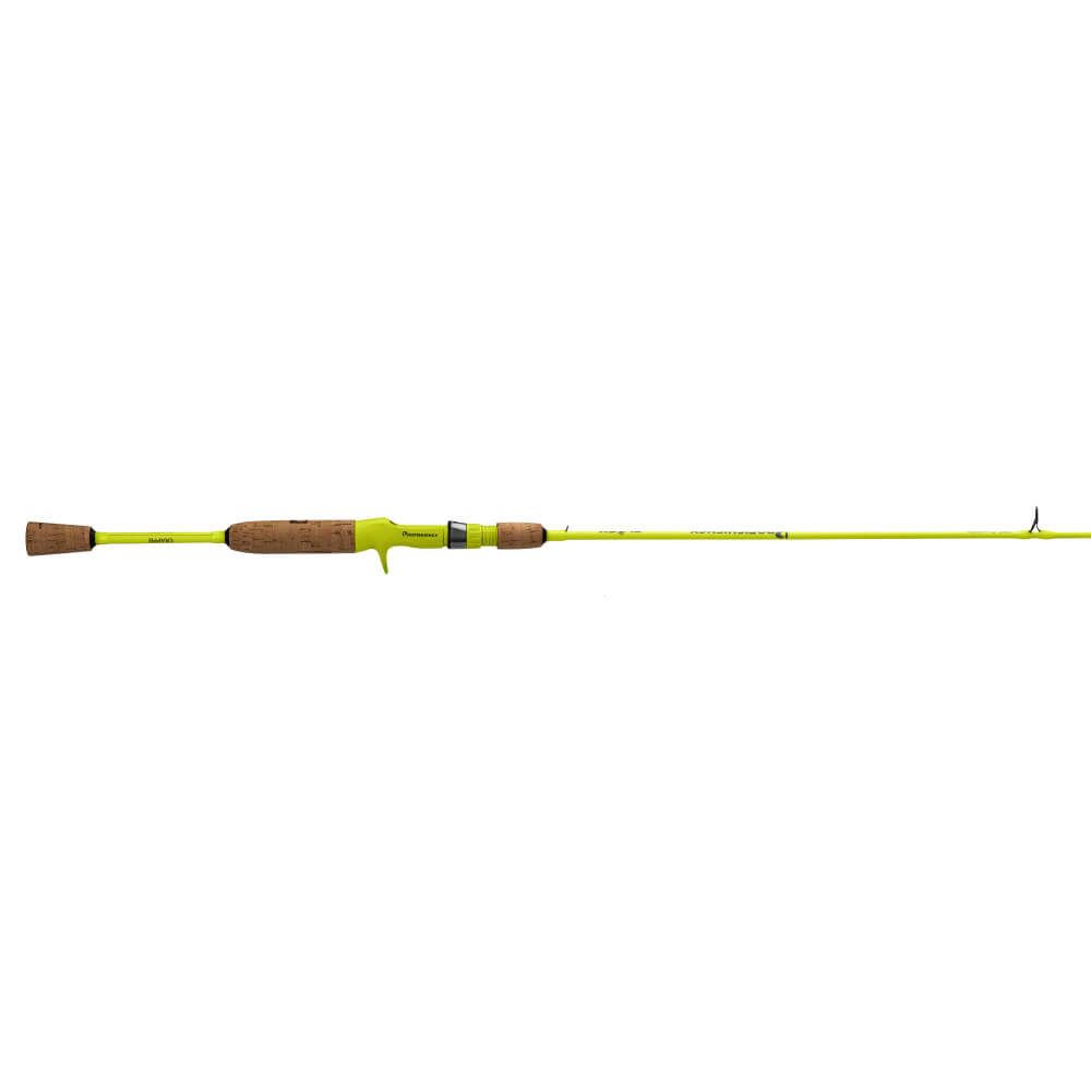 Neon yellow ultralight baitcasting fishing rod, cork handle with trigger grip, side profile