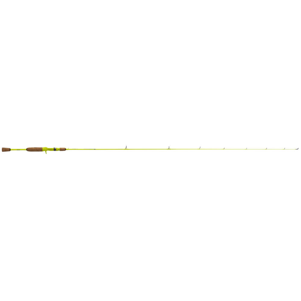 Neon yellow ultralight fishing rod, side view with cork handle on white background