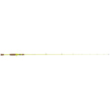 Neon yellow ultralight fishing rod, side view with cork handle on white background