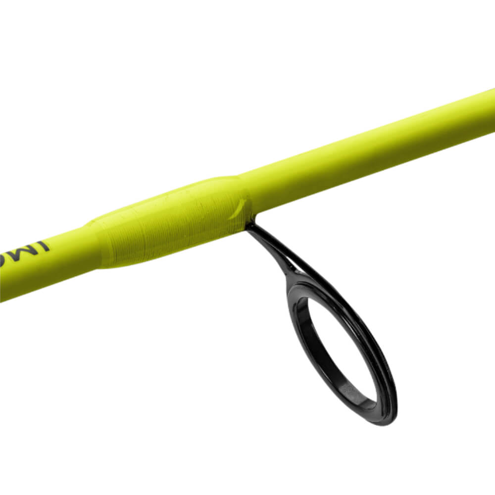 Profishiency Flashspin ultralight fishing rod guide close-up; neon yellow blank with black guide ring