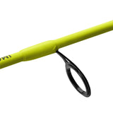 Profishiency Flashspin ultralight fishing rod guide close-up; neon yellow blank with black guide ring