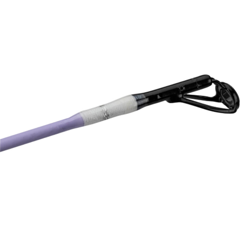 Purple fishing rod tip with black guide and white thread wraps