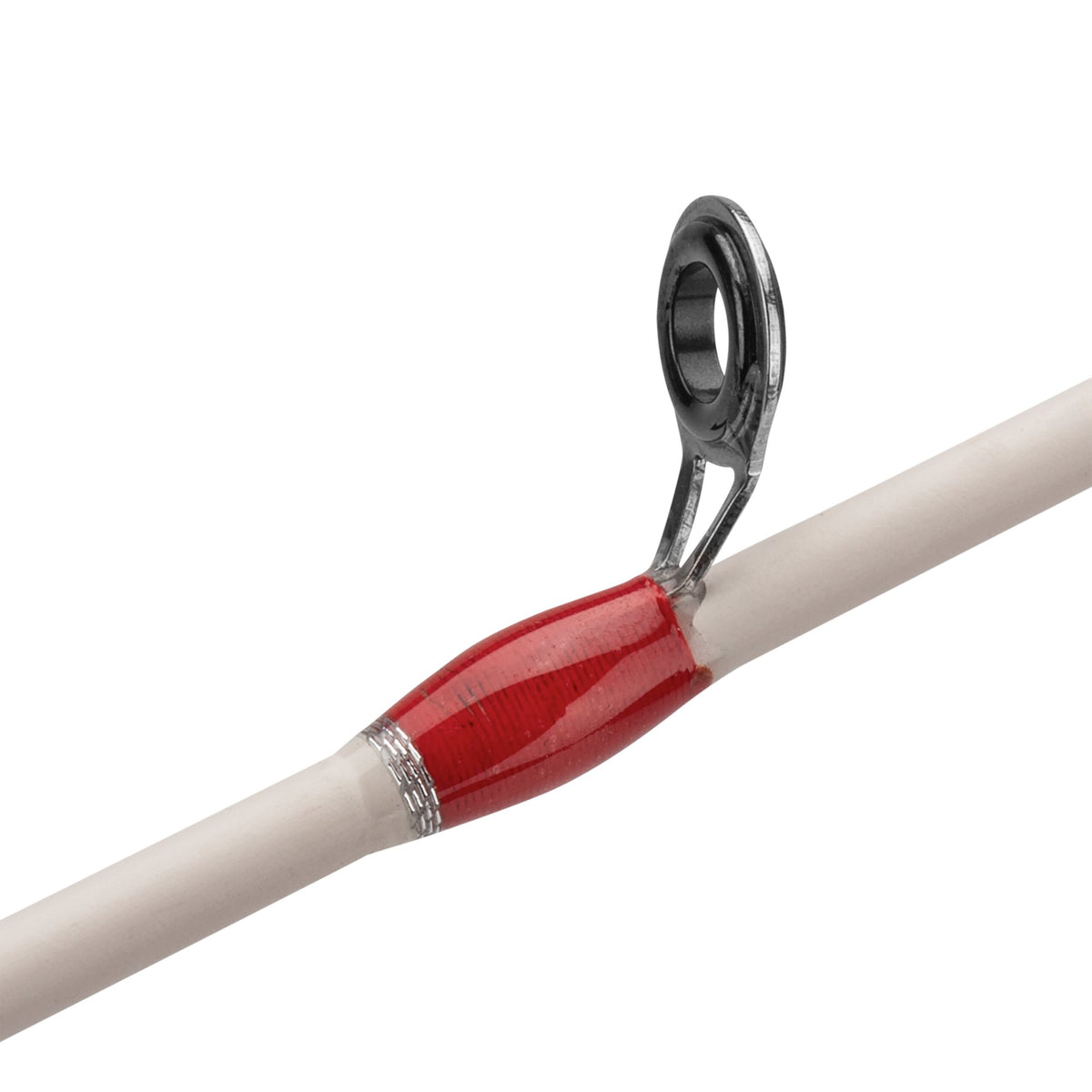White fishing rod section with red thread wrap and chrome single-foot guide