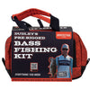 Front view of Perfection Lures pre-rigged bass kit showing red water-resistant carry bag, Dudley Approved badge, and 43-piece kit listing