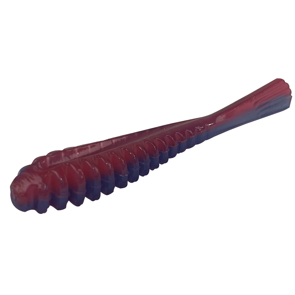 Angled view of Profishiency Pipkens 3.75-inch Drop Shot bait showing ribbed body and vertical tail, Morning Dawn on white