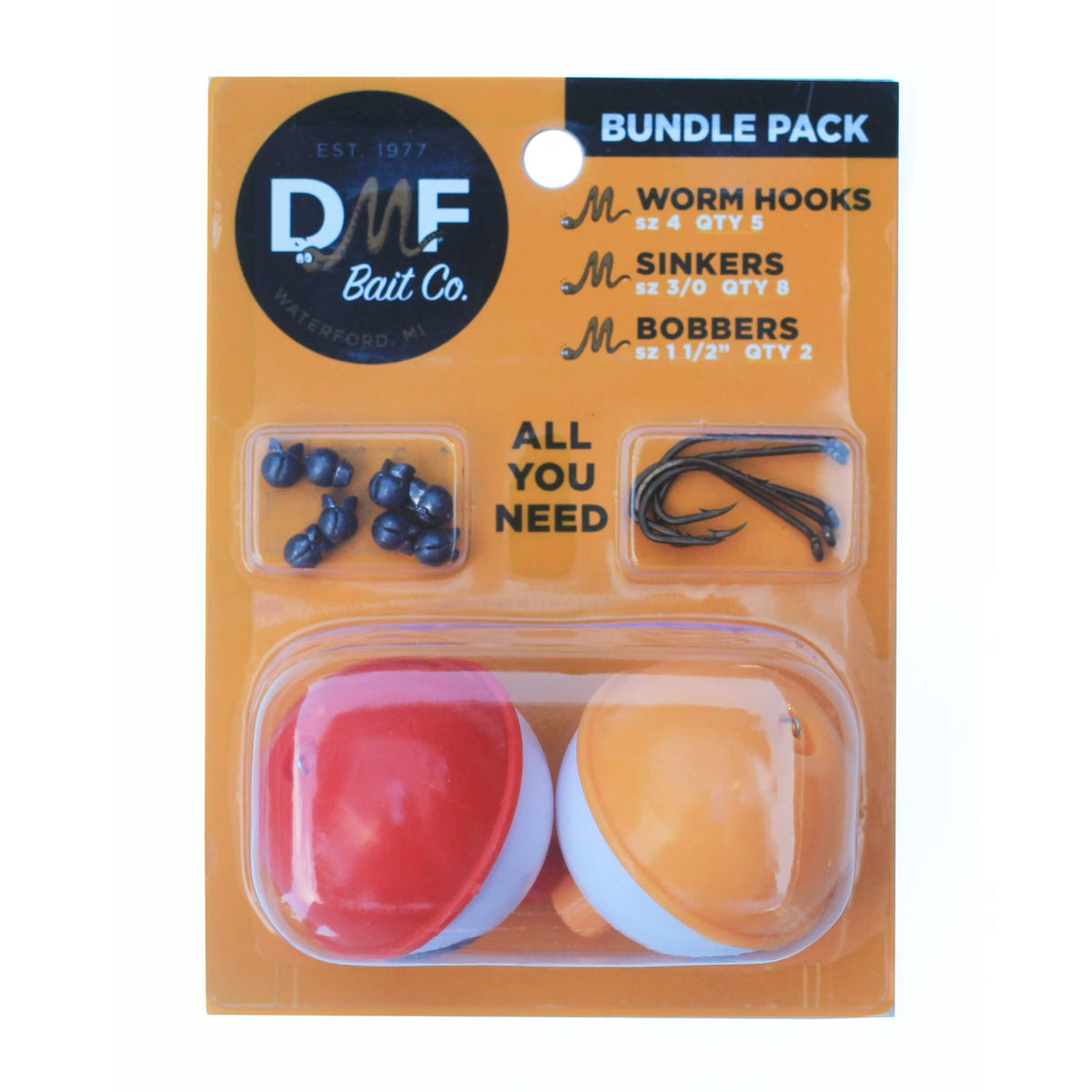 DMF branded fishing bait bundle packaging showing two bait pods (red and white)