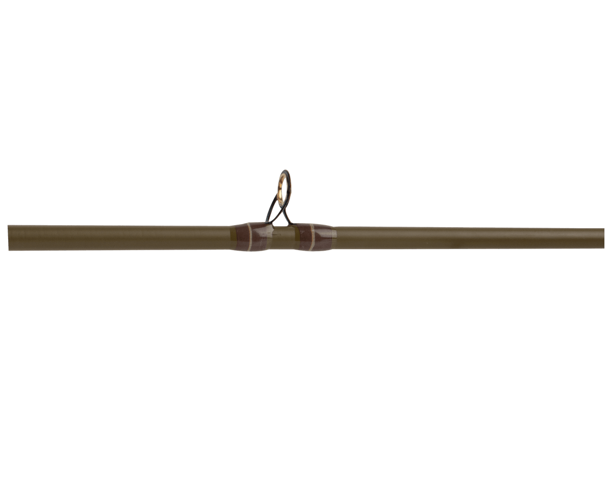 Close-up of RETRO Spincast rod showing center guide with brown thread wraps on olive fiberglass blank