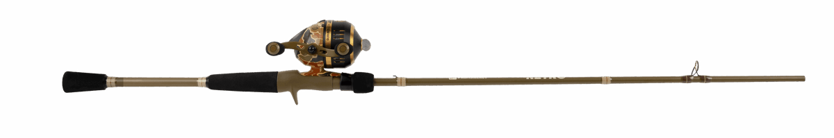 Side view of Profishiency RETRO spincast combo showing two-piece fiberglass rod with black EVA grips and attached gold-tone spincast reel on gray background