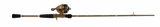 Side view of Profishiency RETRO spincast combo showing two-piece fiberglass rod with black EVA grips and attached gold-tone spincast reel on gray background