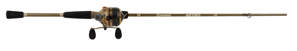 Side view of Profishiency RETRO Spincast Combo 2-piece 6ft fiberglass rod with camo spincast reel and EVA grips