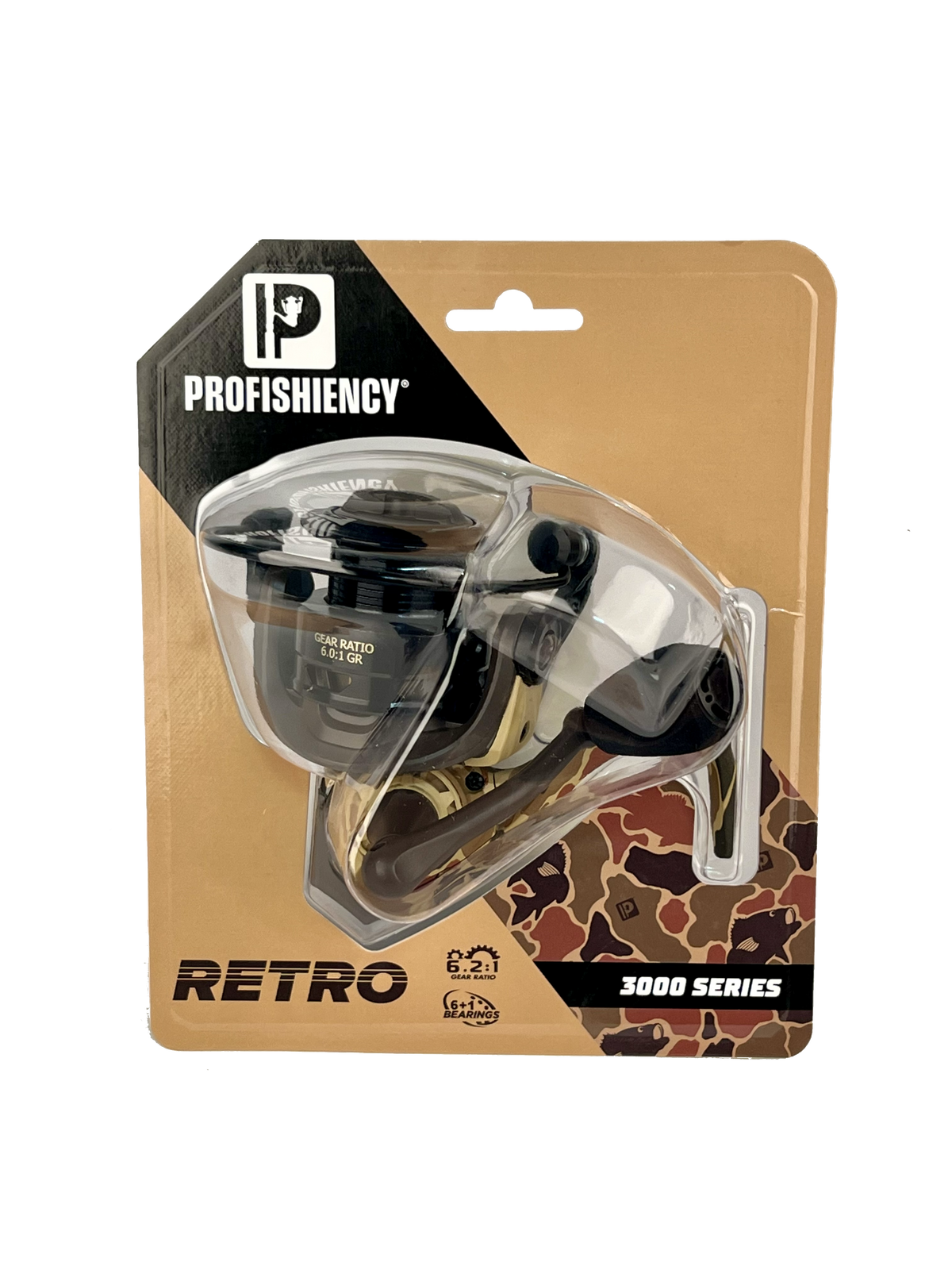 Front view of Profishiency Retro 3000 Series spinning reel in clam-pack showcasing gold-and-black reel and camo backing card