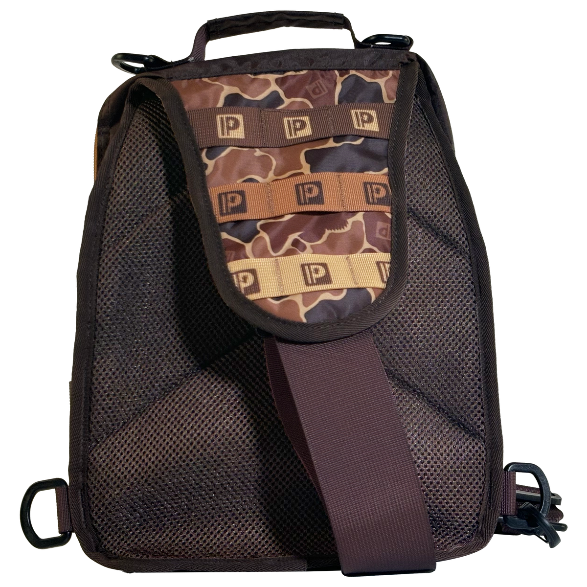 Back view of Profishiency Retro Sling Bag, padded mesh back, adjustable strap, camo MOLLE panel with P logos on white