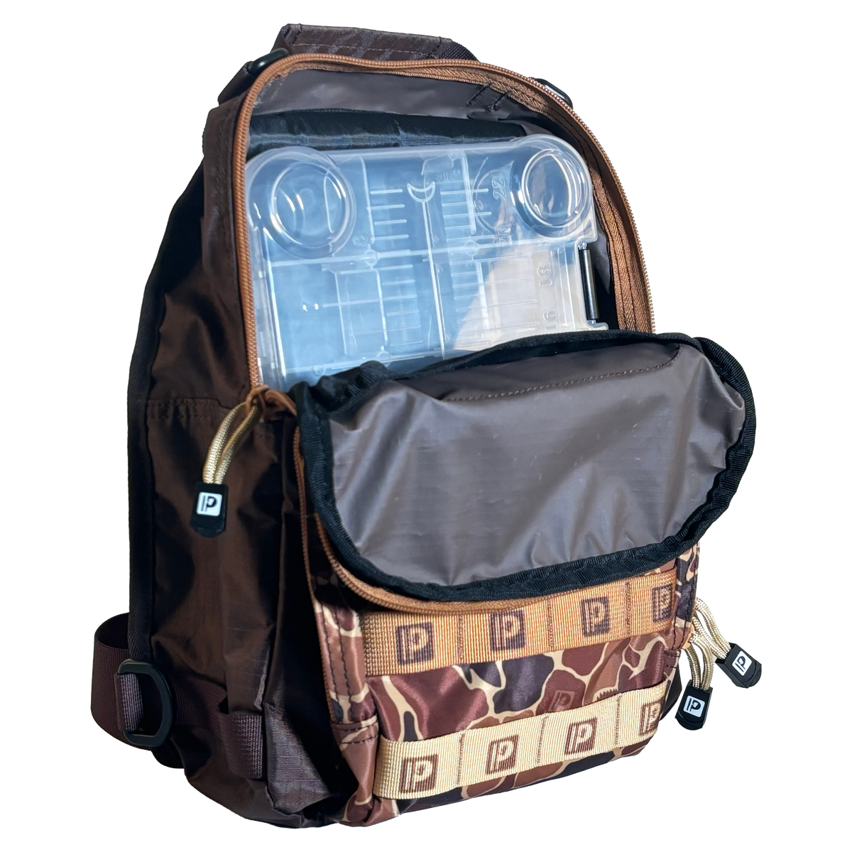 Front-open view of Profishiency Retro Sling Bag with clear 3600 tackle box, front pockets and crossbody strap