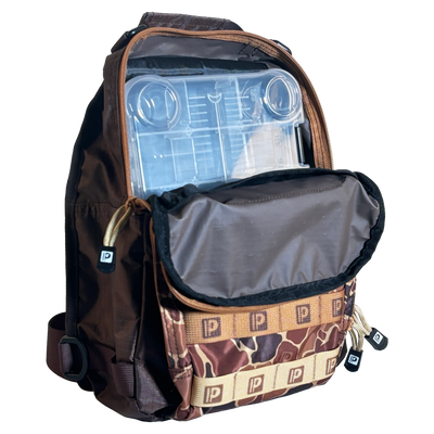 PROFISHIENCY camo sling bag with 'RETRO' front pocket and repeated 'P' tab logos.