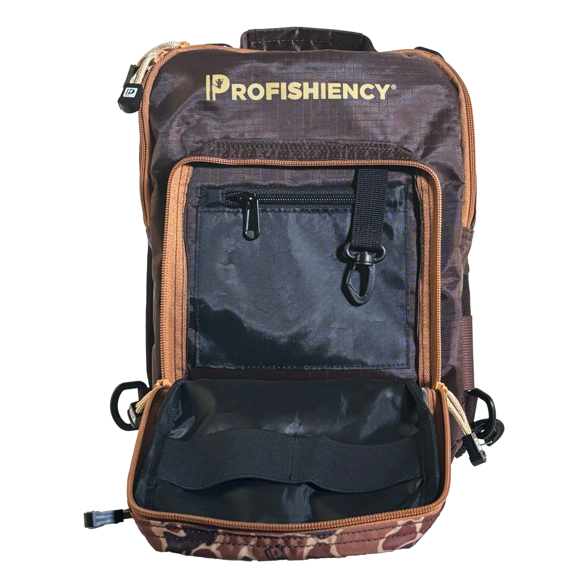 PROFISHIENCY sling bag with open front compartment, zip pocket and key clip