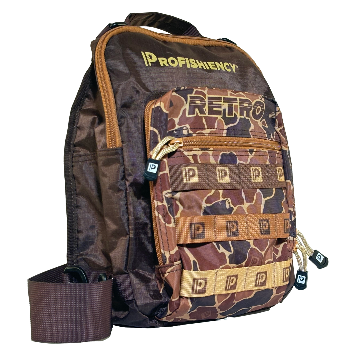 PROFISHIENCY camo sling bag with 'RETRO' front pocket and repeated 'P' tab logos.