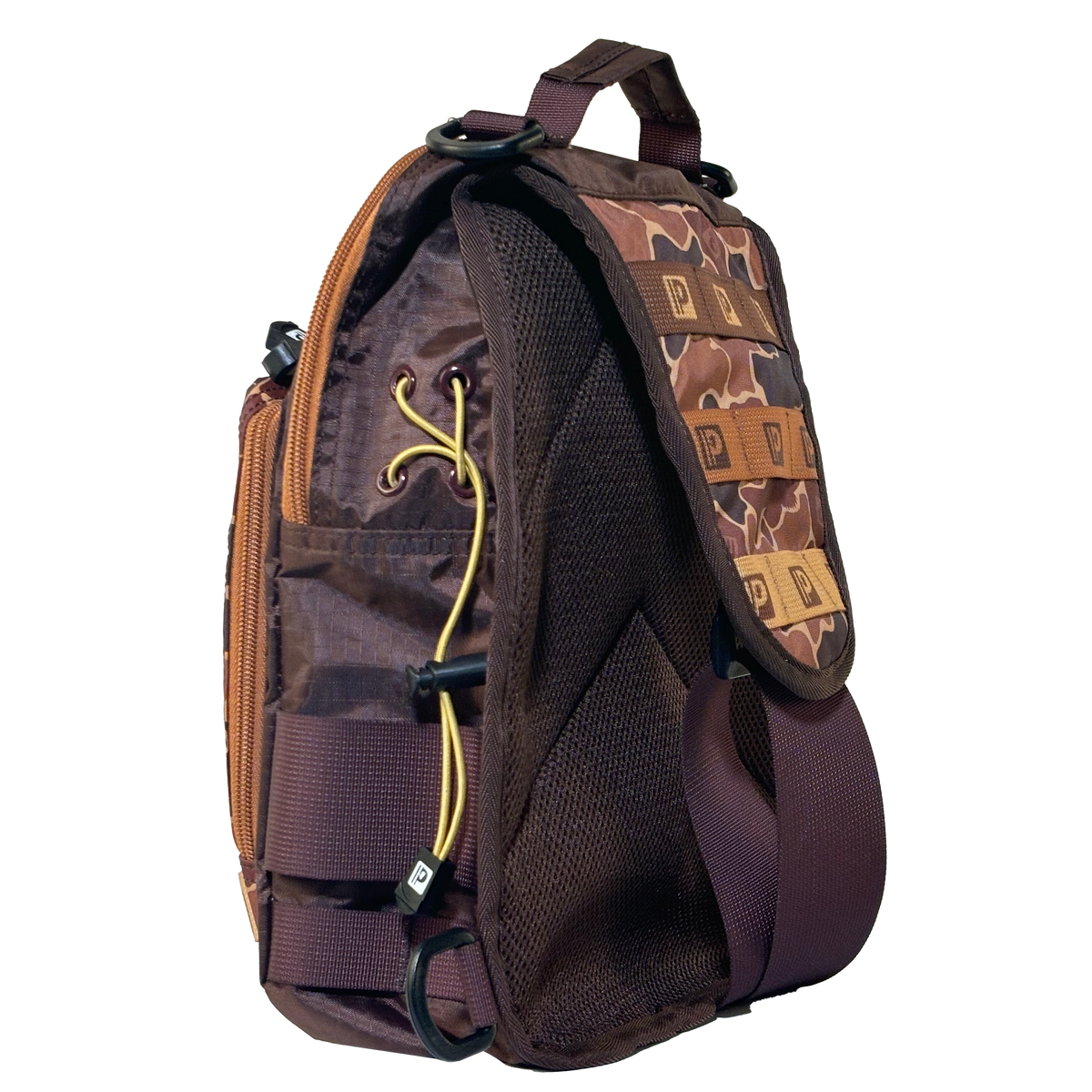 Side view of Profishiency Retro Sling Bag showing camo front flap, MOLLE webbing, mesh padded back, and adjustable crossbody strap