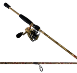 Angled view of Profishiency RETRO 7' spinning combo showing gold 3000-series reel, EVA grips, and camo rod finish on white background