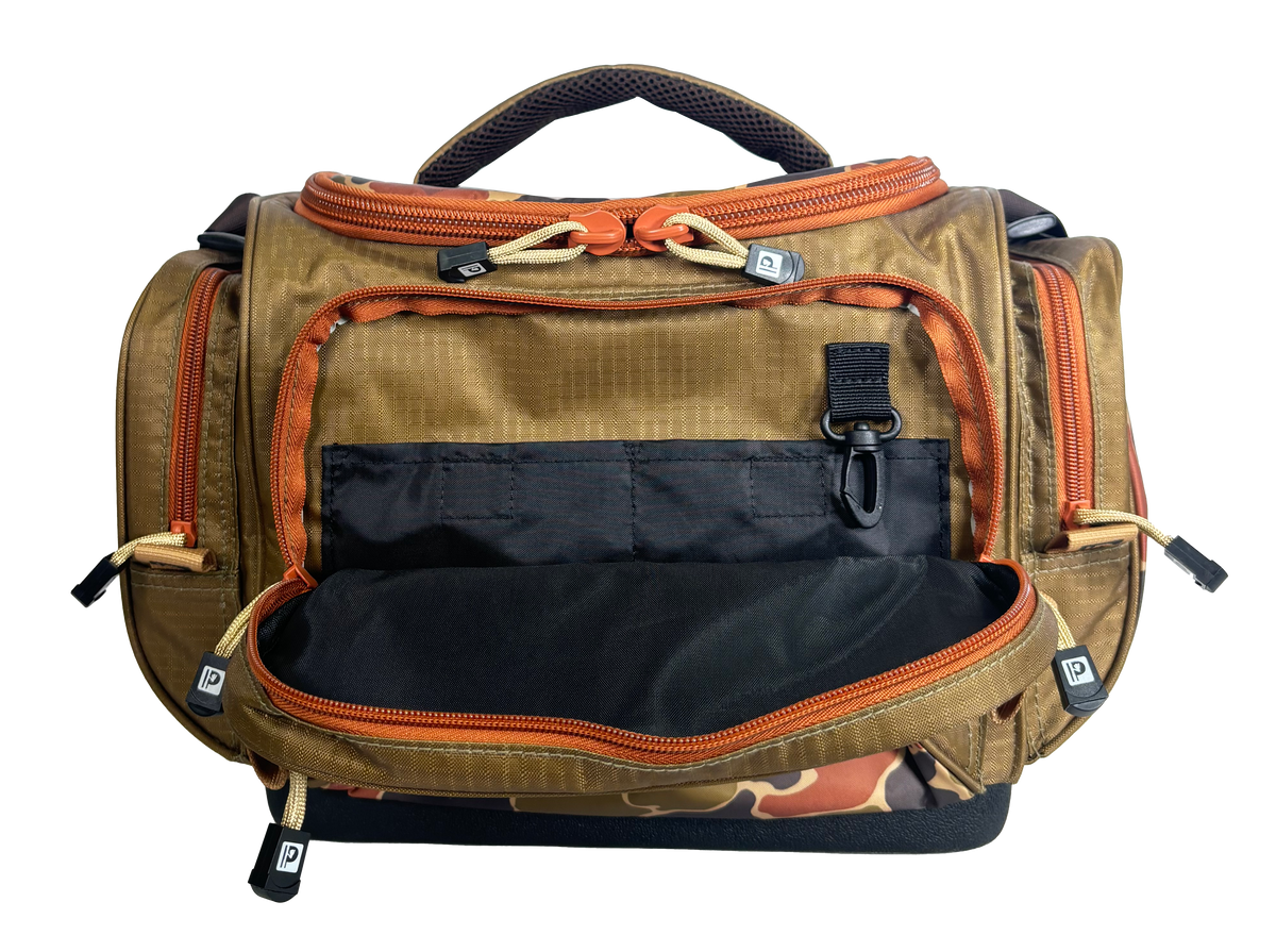Front view of Profishiency Retro Green Tackle Bag showing open front pocket, side pockets, molded base, transparent background