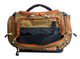 Front view of Profishiency Retro Green Tackle Bag showing open front pocket, side pockets, molded base, transparent background