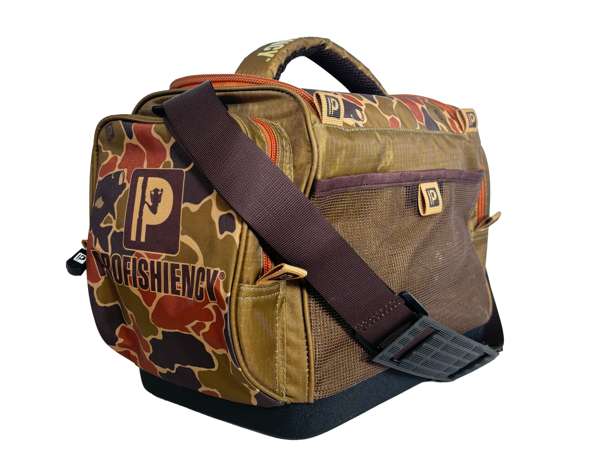 PROFISHIENCY camo tackle bag with shoulder strap and P logo