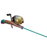 Rainbow-finish youth casting rod with closed-face reel and teal rod — Kid Casters youth kit, angled product view