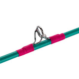 Teal youth fishing rod blank with chrome line guide and pink thread wraps