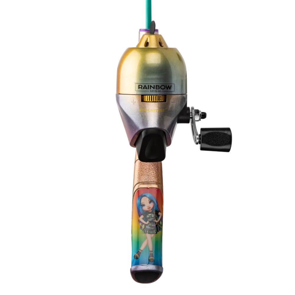 Youth fishing handle with RAINBOW HIGH logo on reel and blue‑haired character illustration on the grip