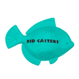 Teal fish-shaped casting toy stamped KID CASTERS with textured scales
