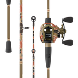 Close-up view of RETRO Baitcast Combos showcasing retro camo rod and reel with EVA grips on a white background