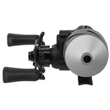 Silver micro baitcasting fishing reel, front/top view showing round spool and dual black handles