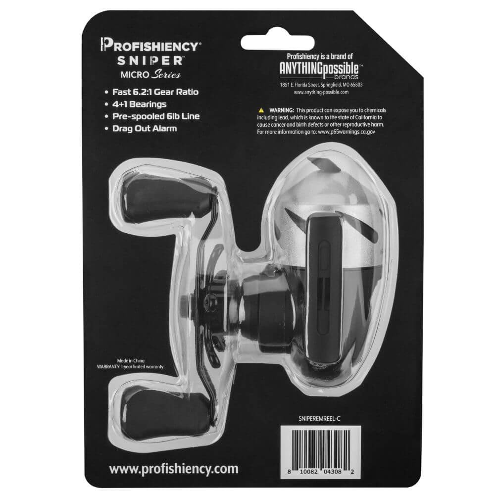 Profishiency SNIPER Micro Series reel on backing card; Fast 6.2:1 Gear Ratio; 4+1 Bearings; Pre-spooled 6lb Line