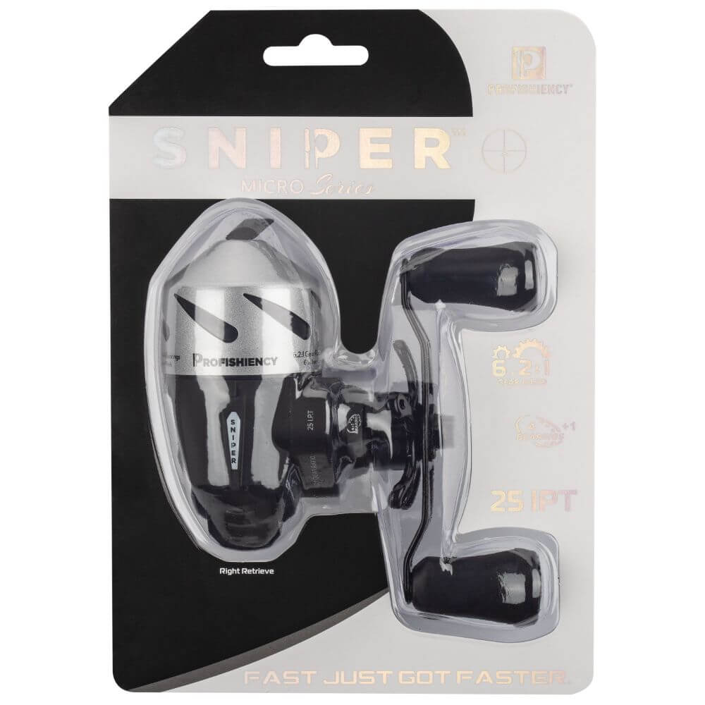 PROFISHIENCY SNIPER MICRO Series reel — Right Retrieve; 6.2:1; 25 IPT; FAST JUST GOT FASTER