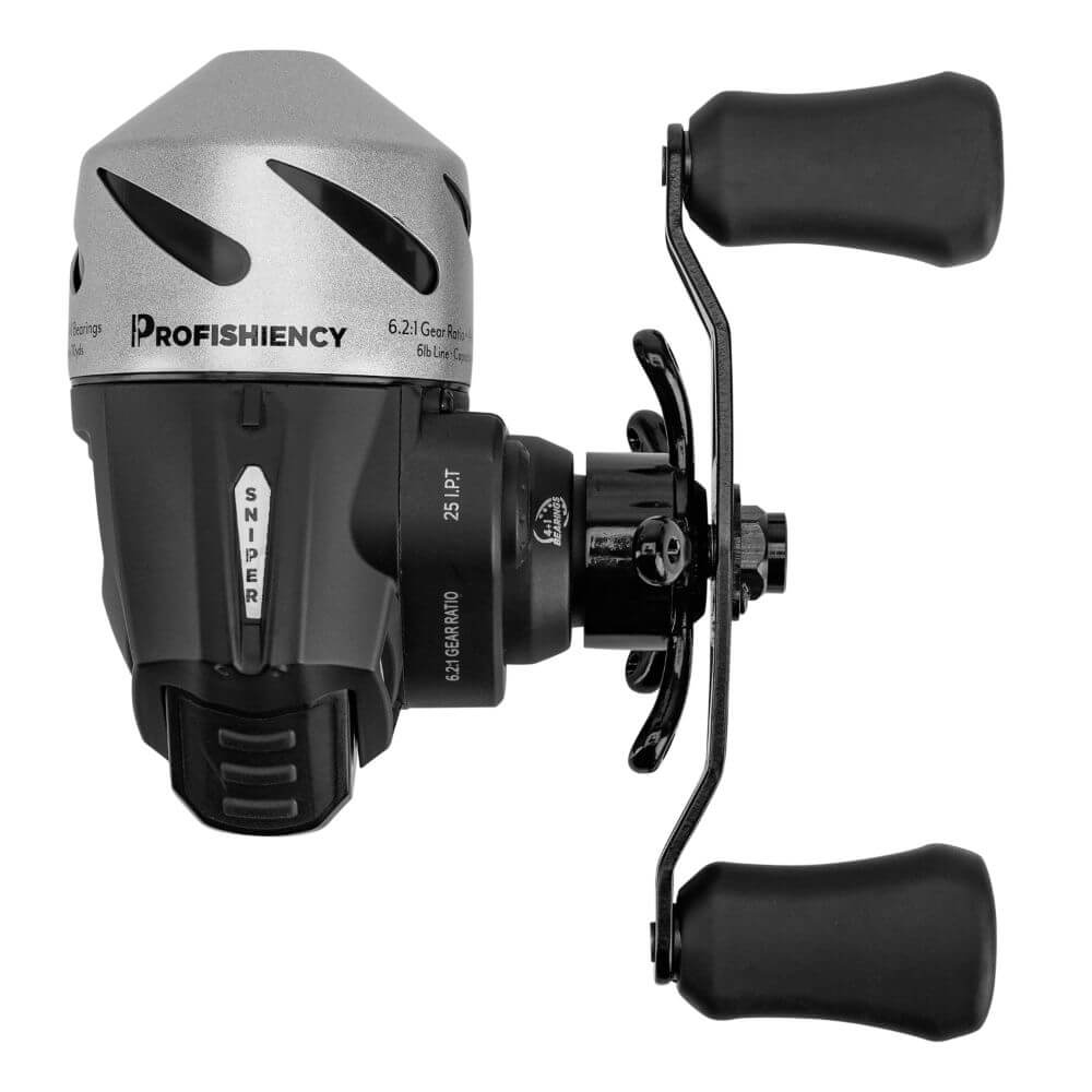 PROFISHIENCY SNIPER baitcasting reel, silver top and black body with dual handles; 6.2:1 GEAR RATIO