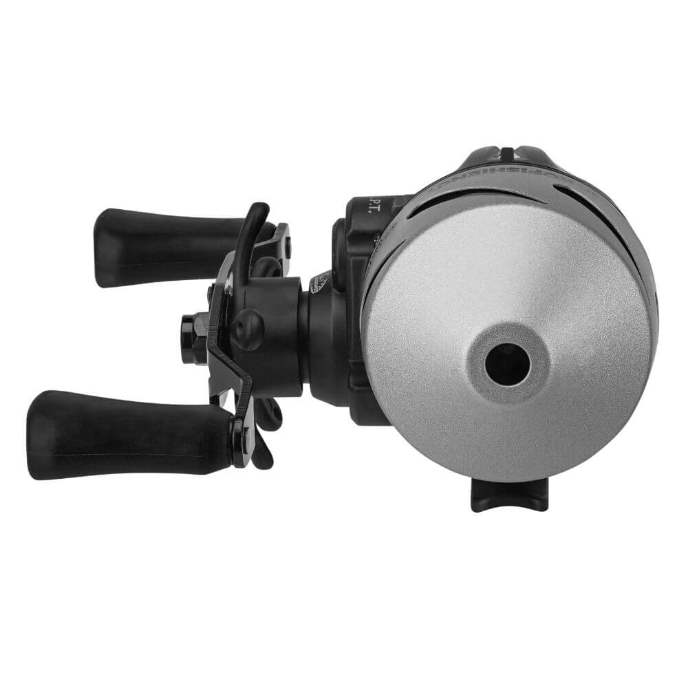 Silver and black baitcasting reel, front-facing spool and dual black handles