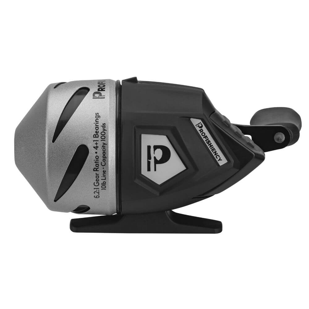 Side view of Profishiency Sniper spincast reel in black and silver showing P logo, closed-face cone, and right-hand handle on white background