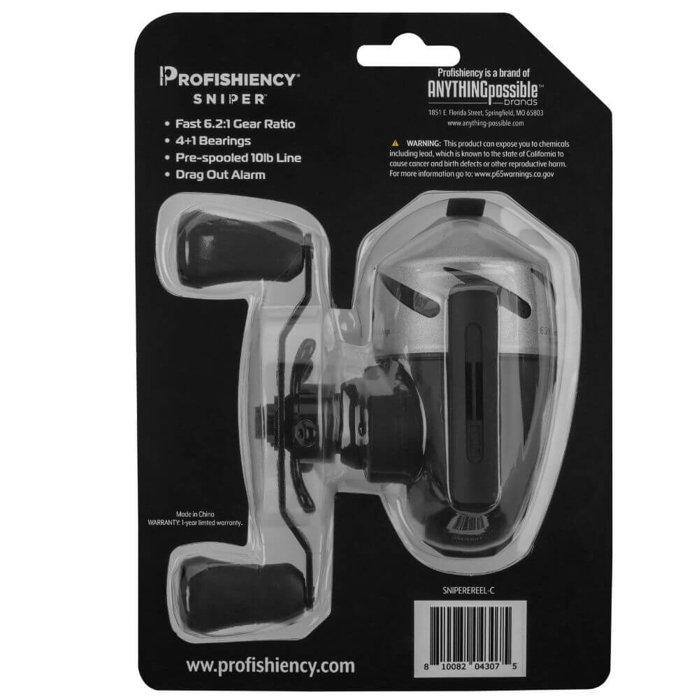 Profishiency Sniper reel SNIPERREEL-C in blister pack back showing reel, feature bullets and barcode; Anything Possible brand