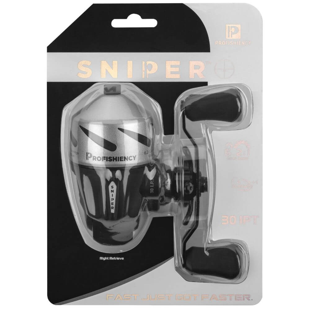 Silver SNIPER spinning reel in blister pack branded PROFISHIENCY; text: Right Retrieve; FAST JUST GOT FASTER