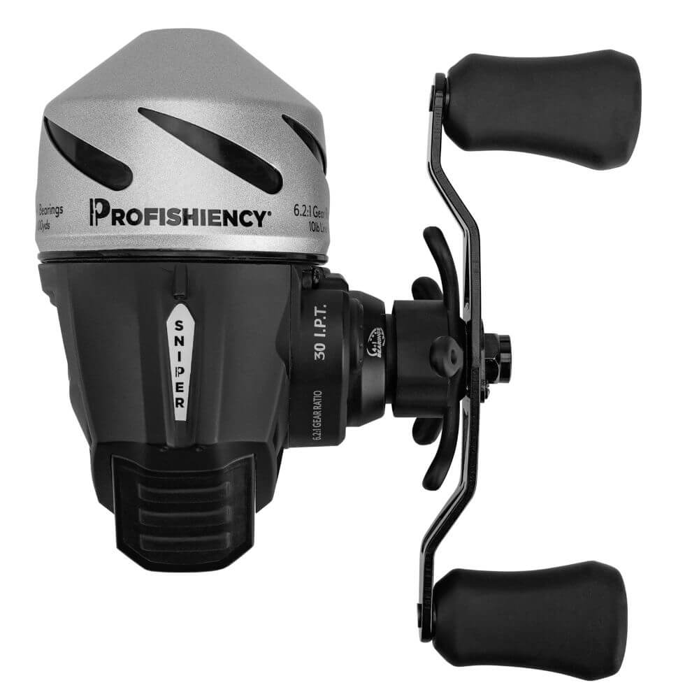 Top-down view of Profishiency Sniper spincast reel showing silver vented cap, black body, dual paddle handles on white